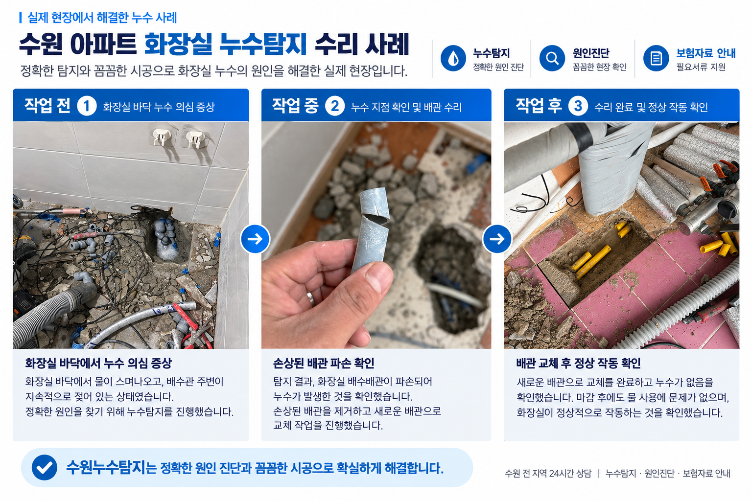 수원 화장실 누수탐지 작업 전 중 후 실제 작업사례